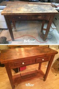 before and after of the repurposed kitchen island work bench